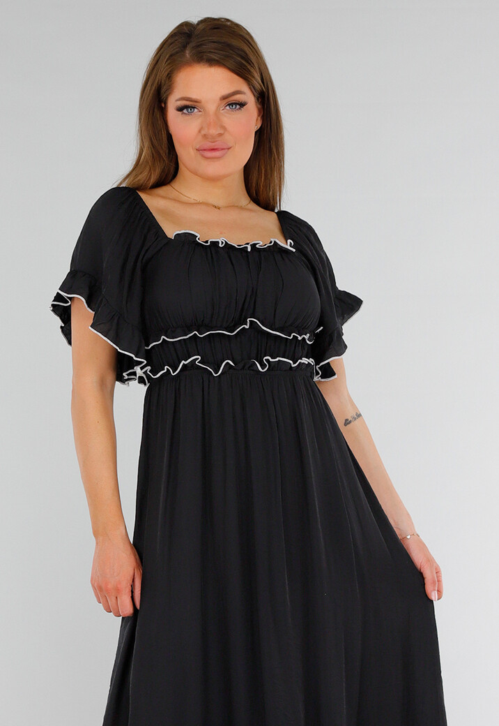 Zwarte Stretch Off Schoulder Maxi Jurk met Witte Details en Elastische Tailleband