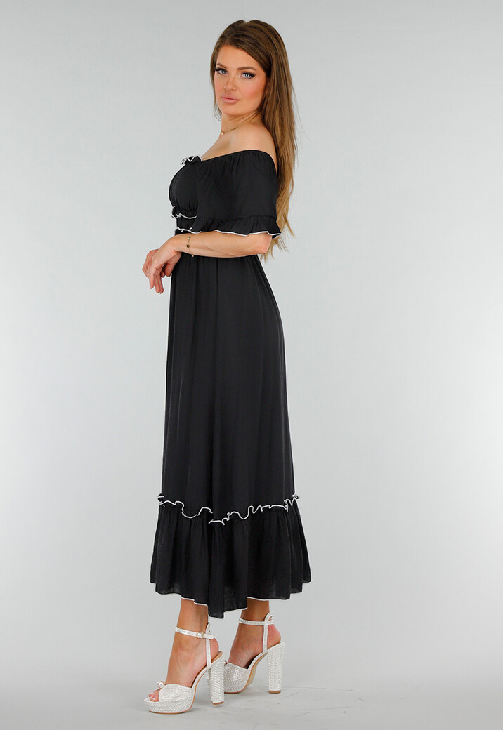 Zwarte Stretch Off Schoulder Maxi Jurk met Witte Details en Elastische Tailleband