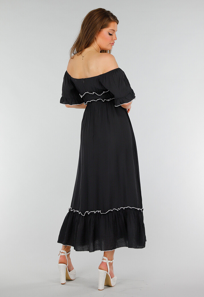 Zwarte Stretch Off Schoulder Maxi Jurk met Witte Details en Elastische Tailleband