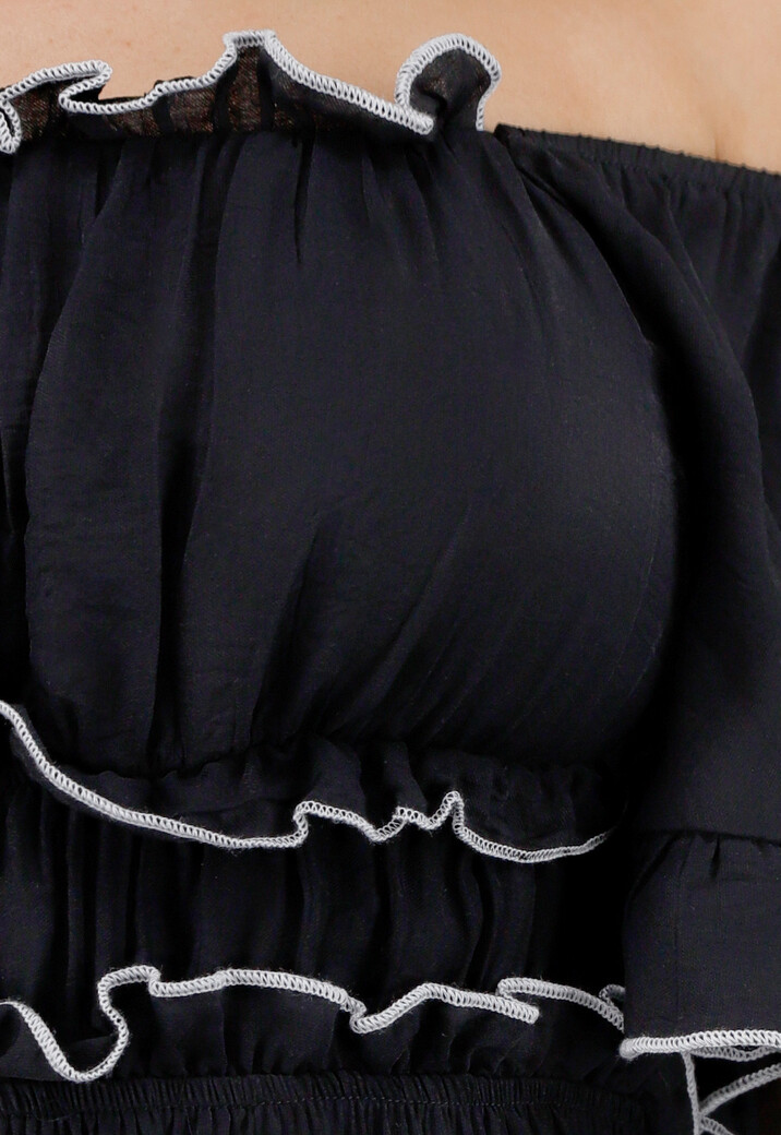 Zwarte Stretch Off Schoulder Maxi Jurk met Witte Details en Elastische Tailleband