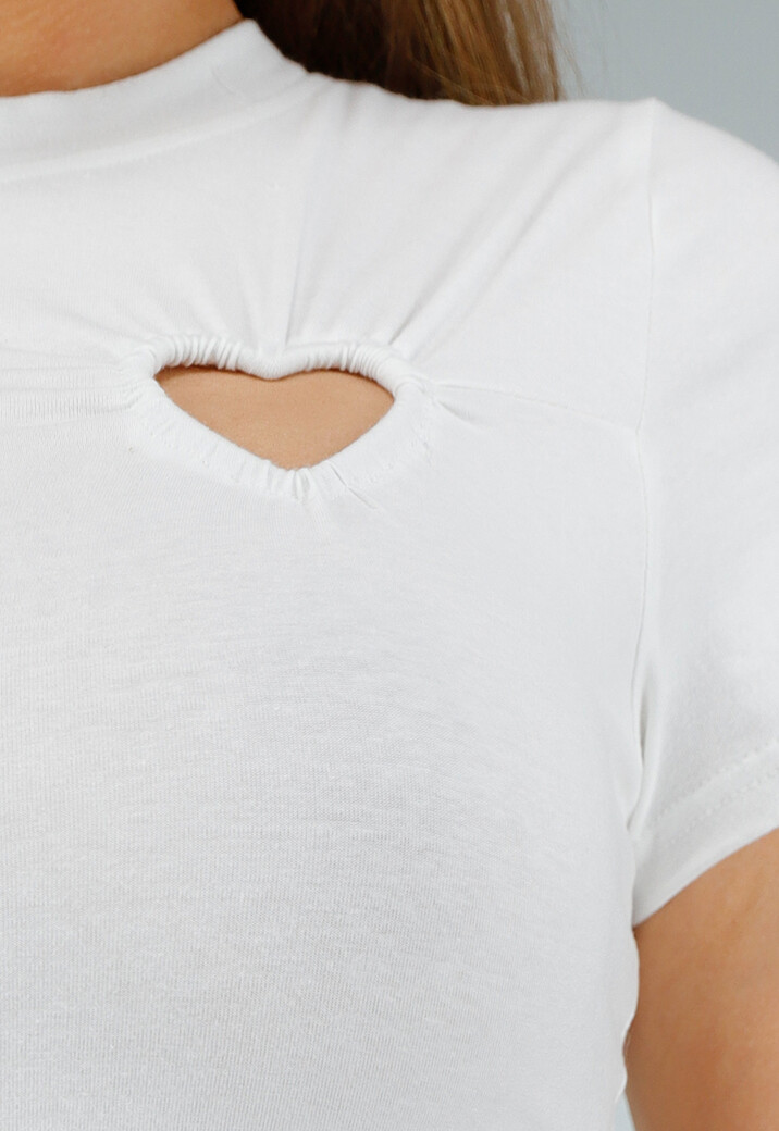 Wit Stretch Minijurkje met Ronde Hals en Hart Cut Out