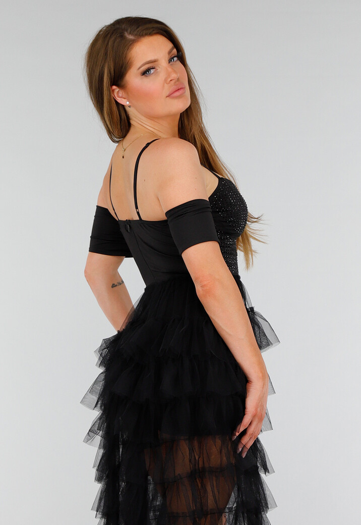 Zwarte Stretch Playsuit met Zwarte Strass Steentjes en Tule Rok