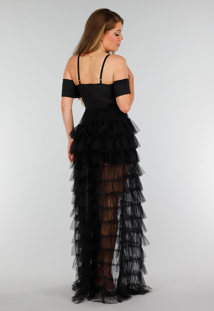 Zwarte Stretch Playsuit met Zwarte Strass Steentjes en Tule Rok