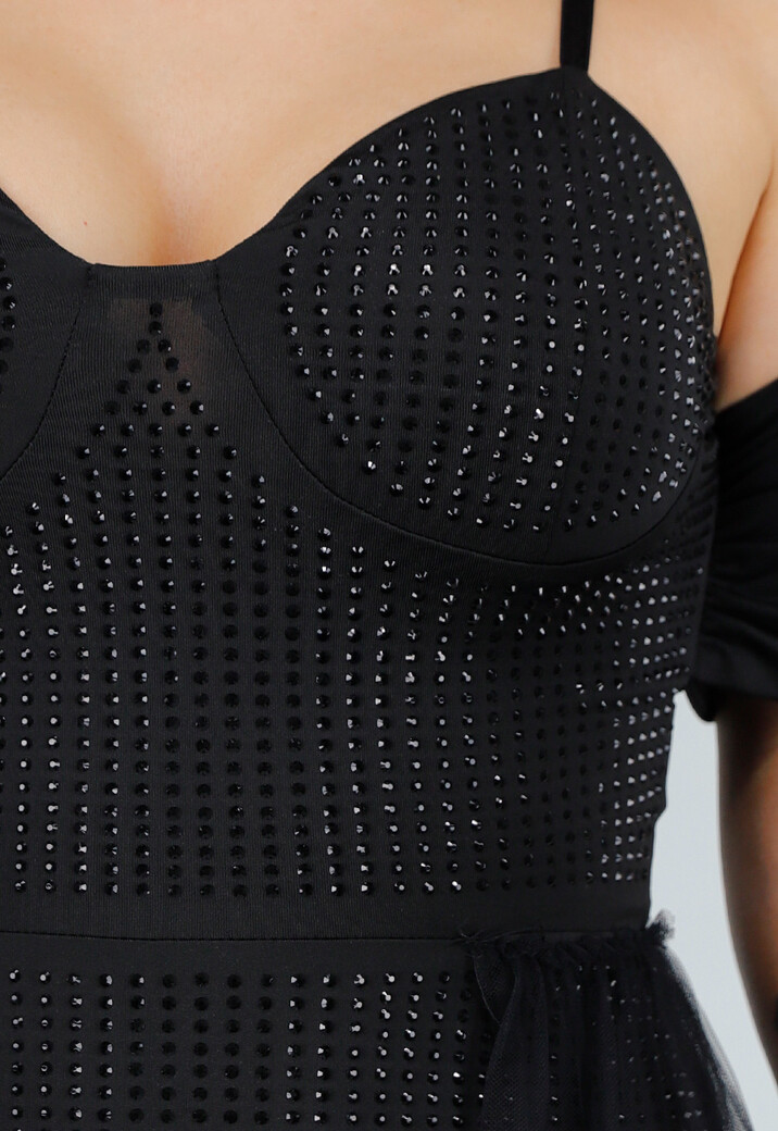 Zwarte Stretch Playsuit met Zwarte Strass Steentjes en Tule Rok