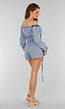 Blauwe Denim Stretch Off Schoulder Playsuit met Tailleband en Zakken met Ritssluiting