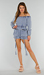 Blauwe Denim Stretch Off Schoulder Playsuit met Tailleband en Zakken met Ritssluiting