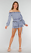 Blauwe Denim Stretch Off Schoulder Playsuit met Tailleband en Zakken met Ritssluiting
