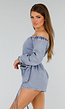 Blauwe Denim Stretch Off Schoulder Playsuit met Tailleband en Zakken met Ritssluiting
