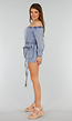 Blauwe Denim Stretch Off Schoulder Playsuit met Tailleband en Zakken met Ritssluiting