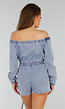 Blauwe Denim Stretch Off Schoulder Playsuit met Tailleband en Zakken met Ritssluiting