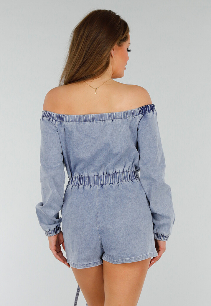Blauwe Denim Stretch Off Schoulder Playsuit met Tailleband en Zakken met Ritssluiting