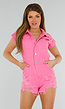 Roze Stretch Distressed Denim Playsuit met Knoopsluiting en Riemlussen