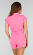 Roze Stretch Distressed Denim Playsuit met Knoopsluiting en Riemlussen