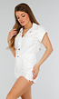 Witte Stretch Denim Playsuit met Korte Mouwen en Steekzakken