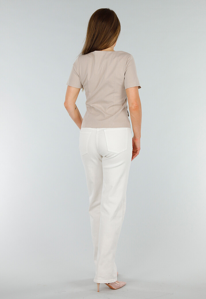 Beige Stretch Denim Jeans met Mid Waist en Rechte Pijpen