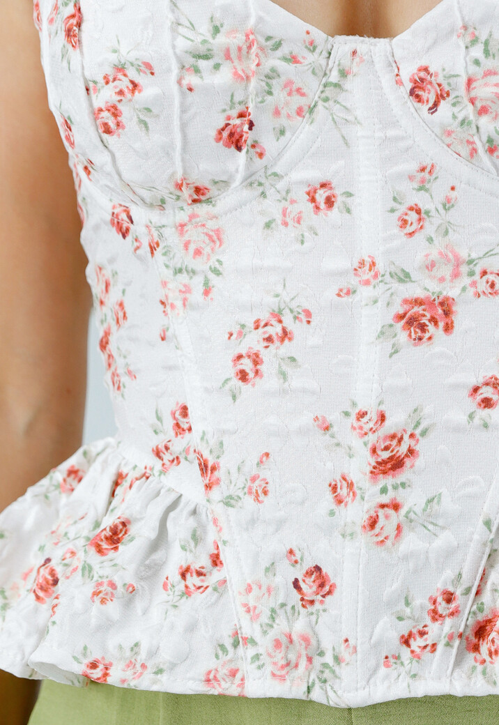 Witte Stretch Korset Top met Vetersluiting, beugels en Bloemenprint