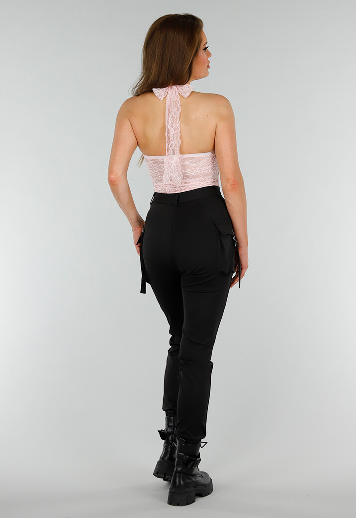 Roze Kanten Stretch Haltertop met Striksluiting