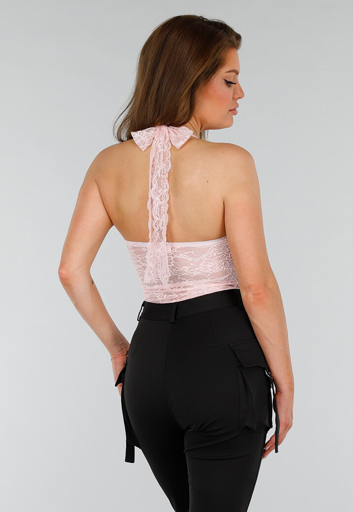 Roze Kanten Stretch Haltertop met Striksluiting
