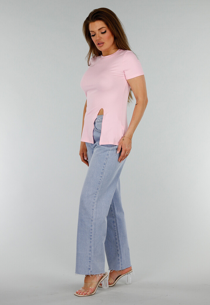 Roze Stretch Top met Split en Ronde Hals
