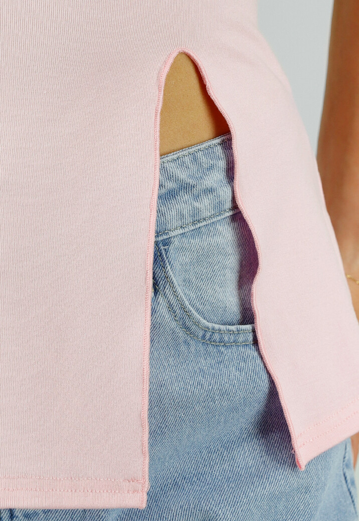 Roze Stretch Top met Split en Ronde Hals