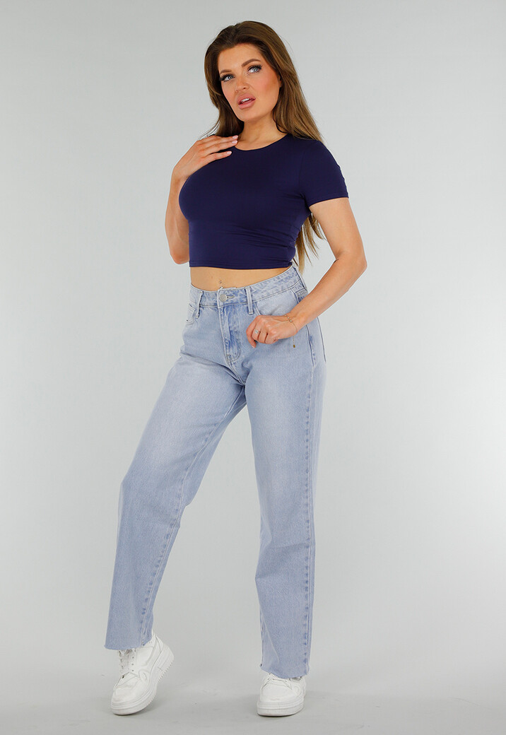 Donkerblauwe Stretch Cropped Top met Aansluitende Pasvorm