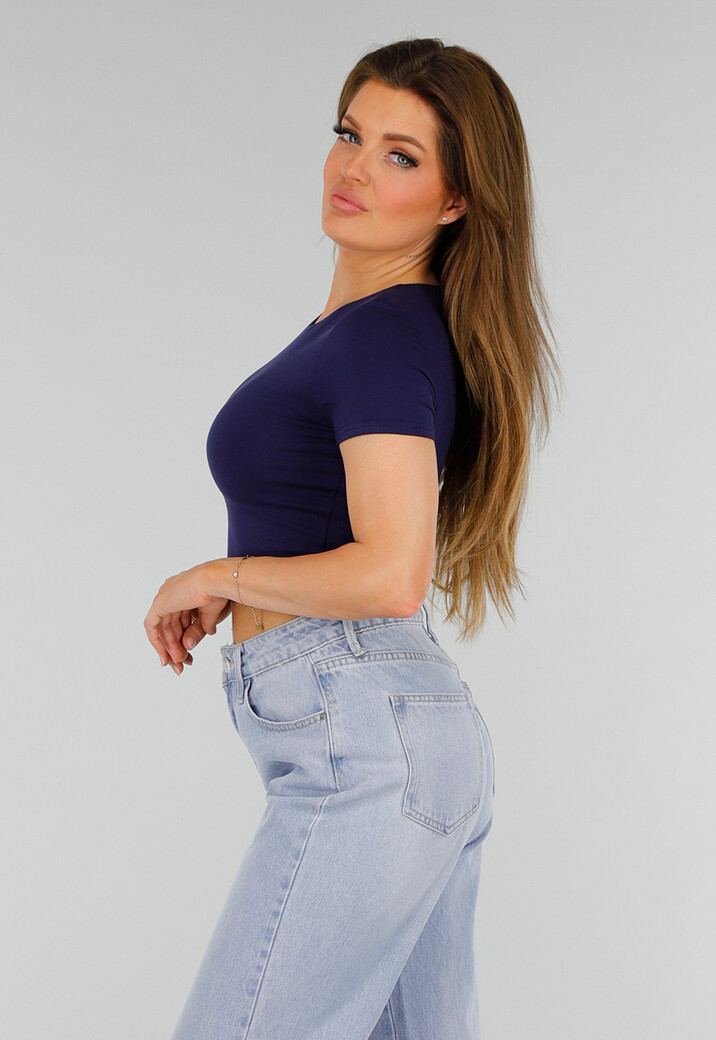 Donkerblauwe Stretch Cropped Top met Aansluitende Pasvorm