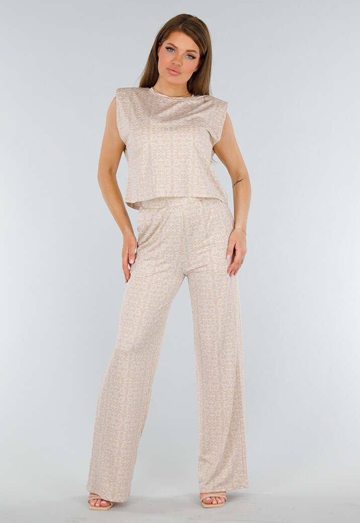 Beige Mouwloze Stretch Top met Schoudervulling en Ronde Hals