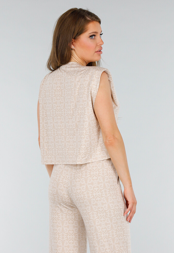 Beige Mouwloze Stretch Top met Schoudervulling en Ronde Hals