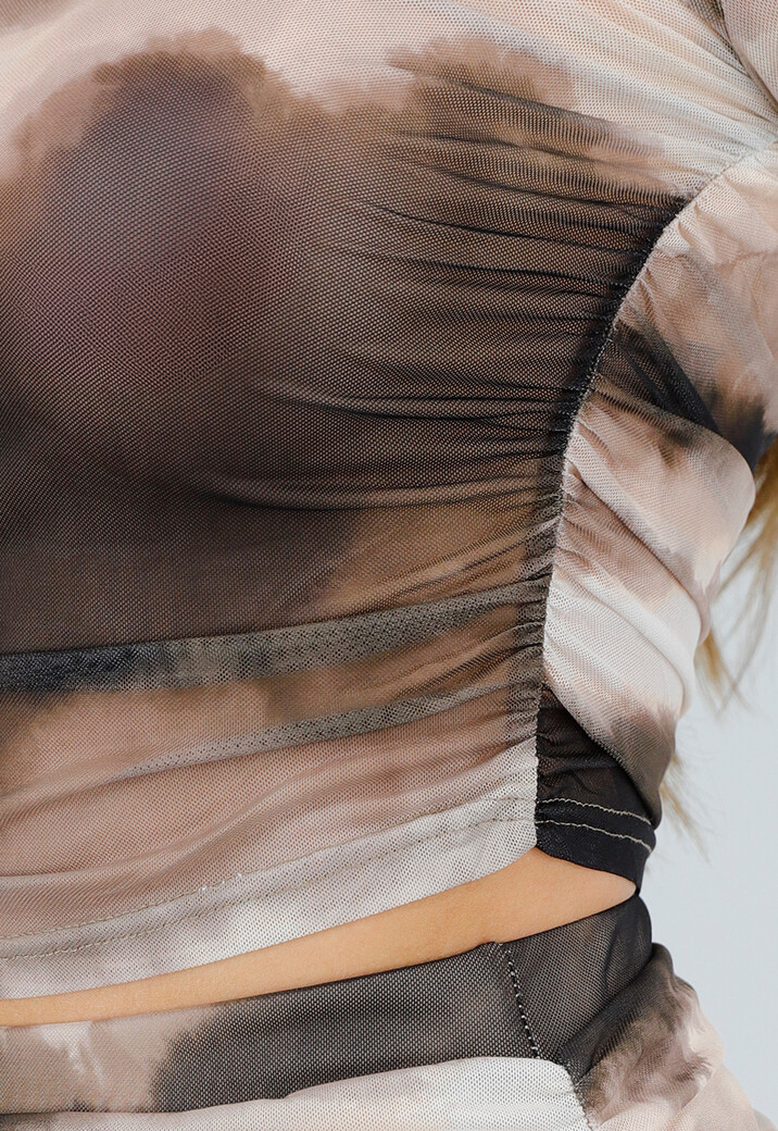 Multicolour Tie Dye Print Mesh Top met Stretch en Ronde Hals