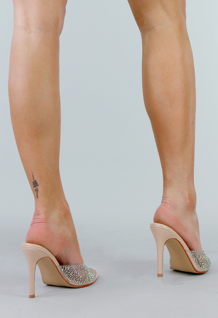 Beige Nude Open Hakken met Vierkante Neus en Strass Afwerking