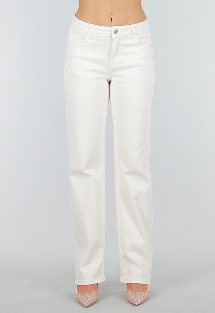 Beige Stretch Denim Jeans met Mid Waist en Rechte Pijpen