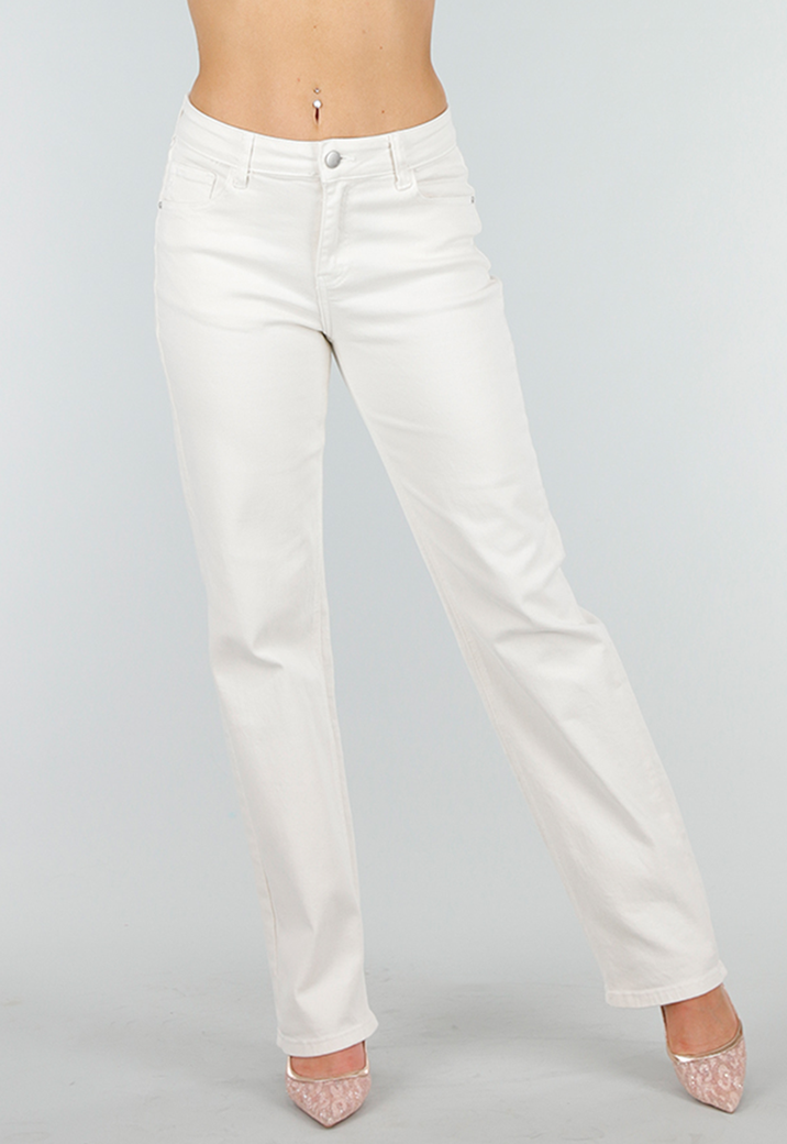 Beige Stretch Denim Jeans met Mid Waist en Rechte Pijpen