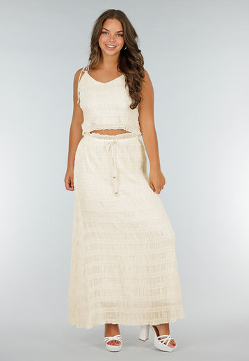 Crème Tweedelige Gesmokte Stretch Set