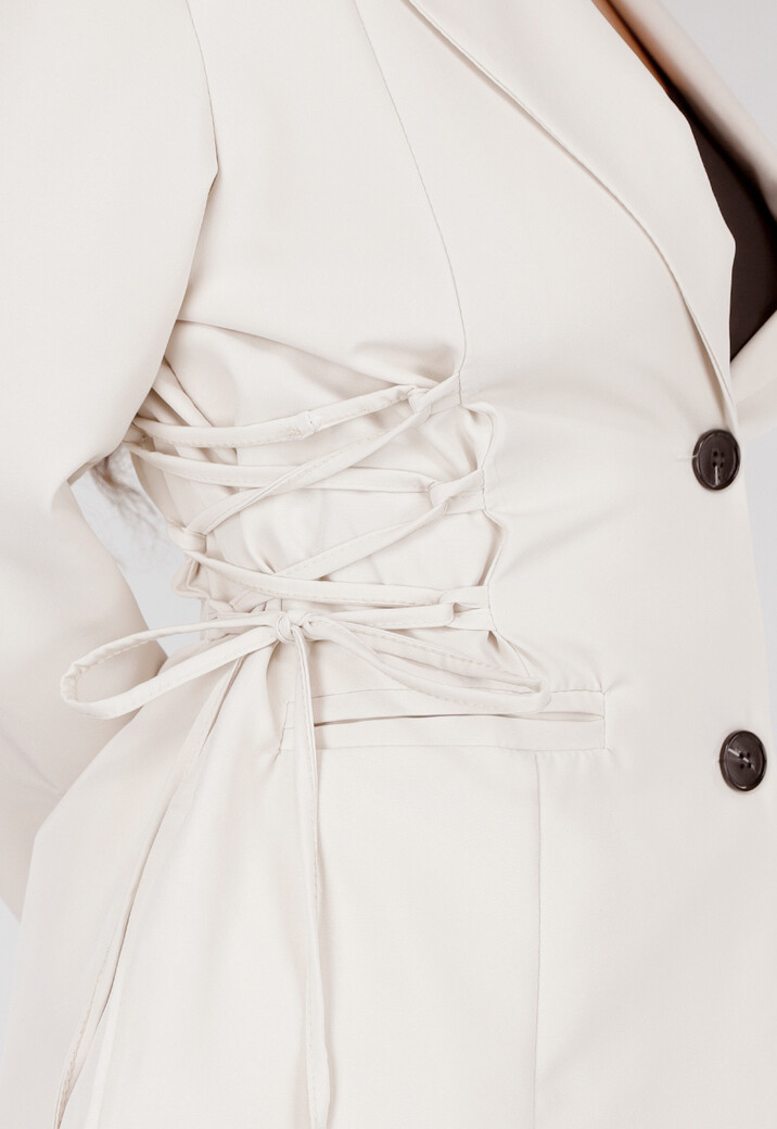 Cremekleurige Tweedelige Set met Blazer met Korsetveter en Plooirok met Ritssluiting