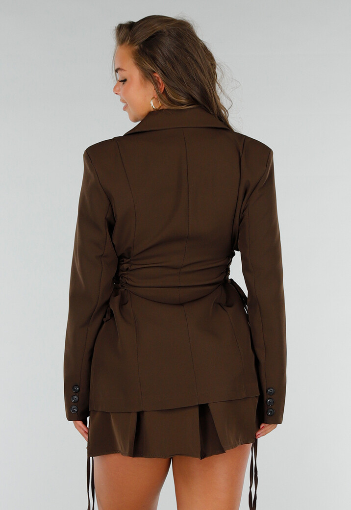 Bruine Tweedelige Set met Blazer met Veteraccent en Rok met Hoge Taille