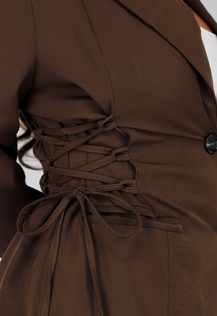 Bruine Tweedelige Set met Blazer met Veteraccent en Rok met Hoge Taille