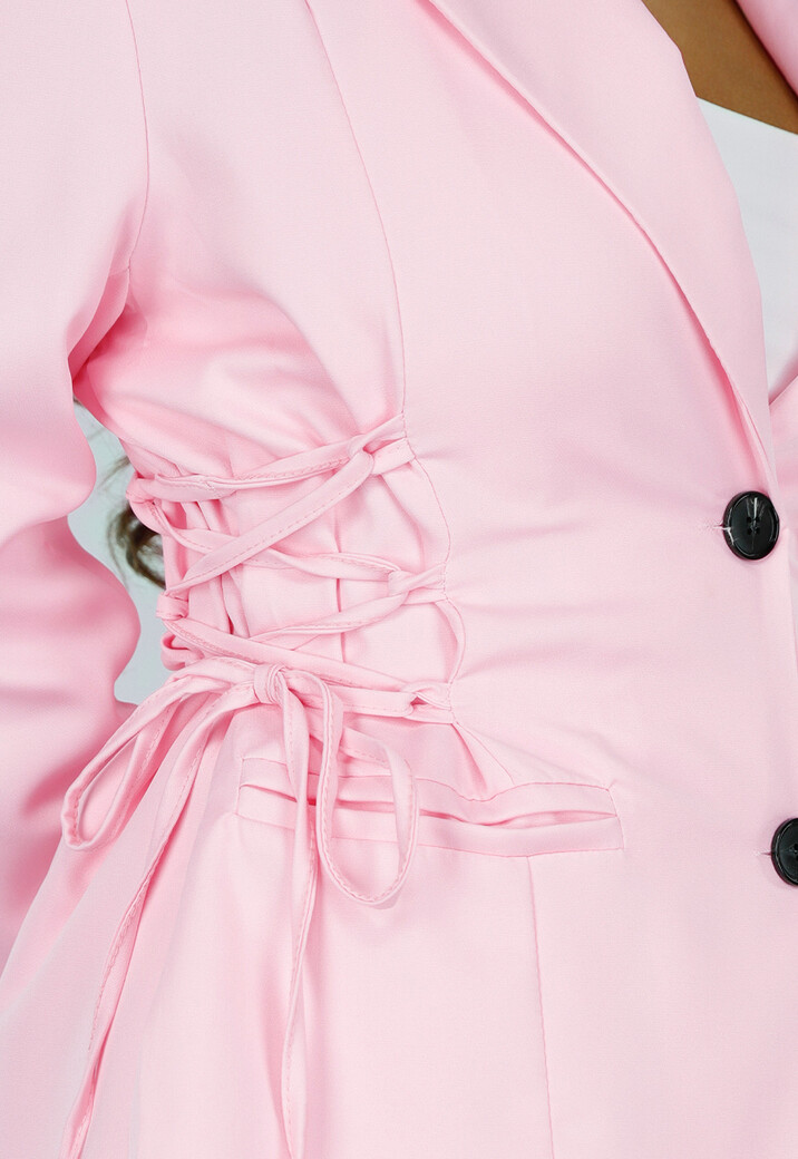 Lichtroze Two Piece Set met Getailleerde Blazer en Plooirok met Stretch