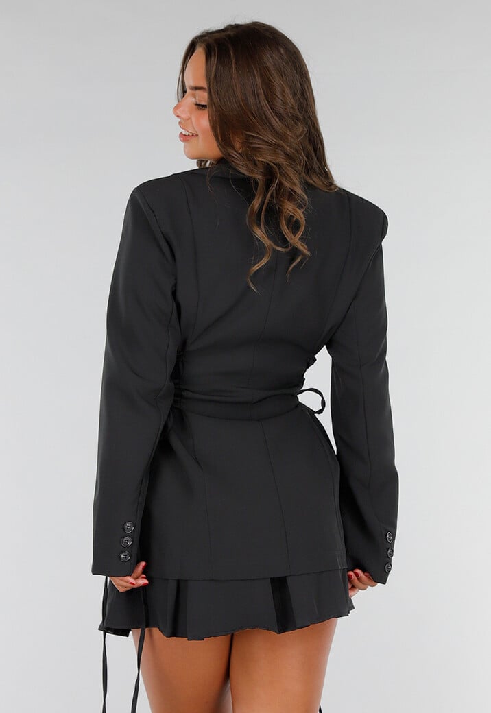 Zwarte Two Piece Set met Blazer met korsetveters en Hoge Taille Rok met Stretch