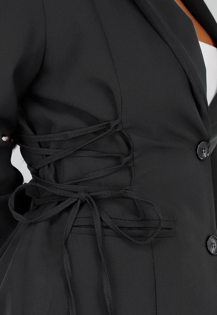 Zwarte Two Piece Set met Blazer met korsetveters en Hoge Taille Rok met Stretch