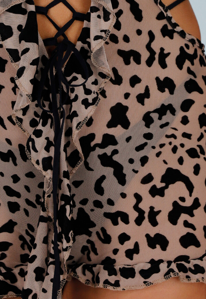 Beige Stretch Luipaard Mesh Playsuit met Ruffles, Open Rug en Veterdetail aan de Voorzijde