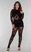 Zwarte Kanten Stretch Jumpsuit met Ritssluiting en Lange Mouwen