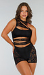 Zwarte Kanten Playsuit met Cut-Outs, Stretch en Gevoerde Delen