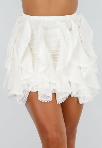 Crème High Waist Rok met Ruffles en Broderie