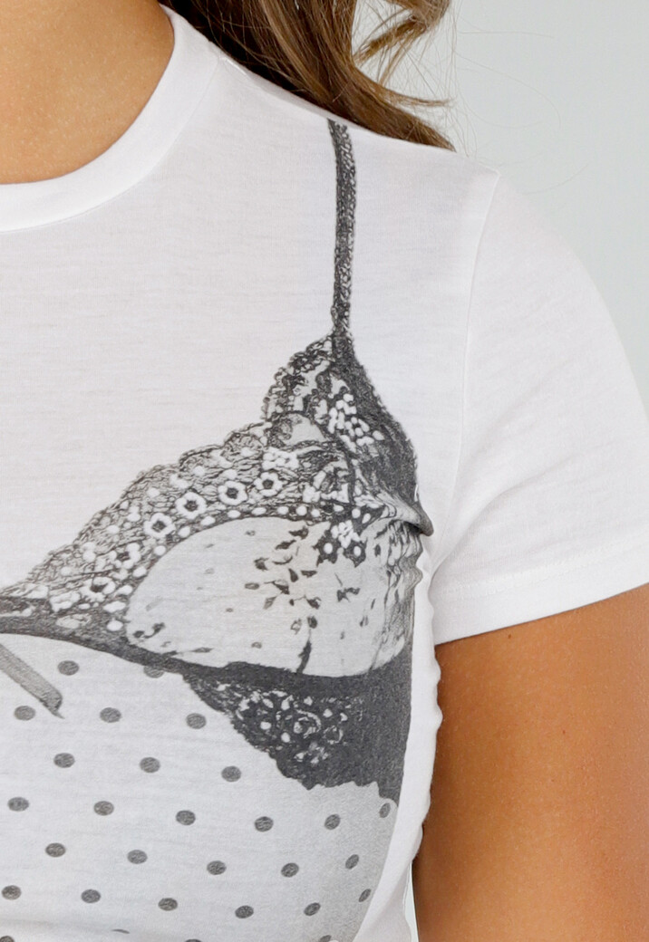 Witte Croptop met Zwarte Korsetprint  en Kantdetails