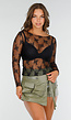 Zwarte Kanten See Trough Mesh Top met Stretch en Bloemenprint