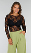 Zwarte Kanten See Trough Top van Stretchmateriaal met Lange Mouwen en Ingewerkt Bloemenmotief