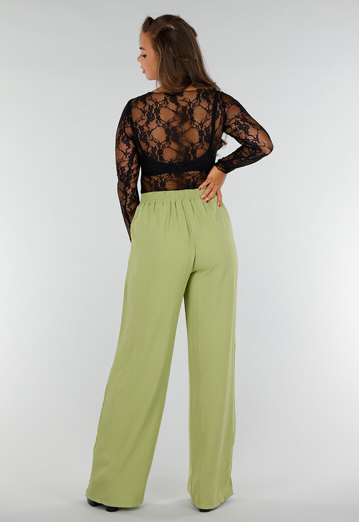 Zwarte Kanten See Trough Top van Stretchmateriaal met Lange Mouwen en Ingewerkt Bloemenmotief