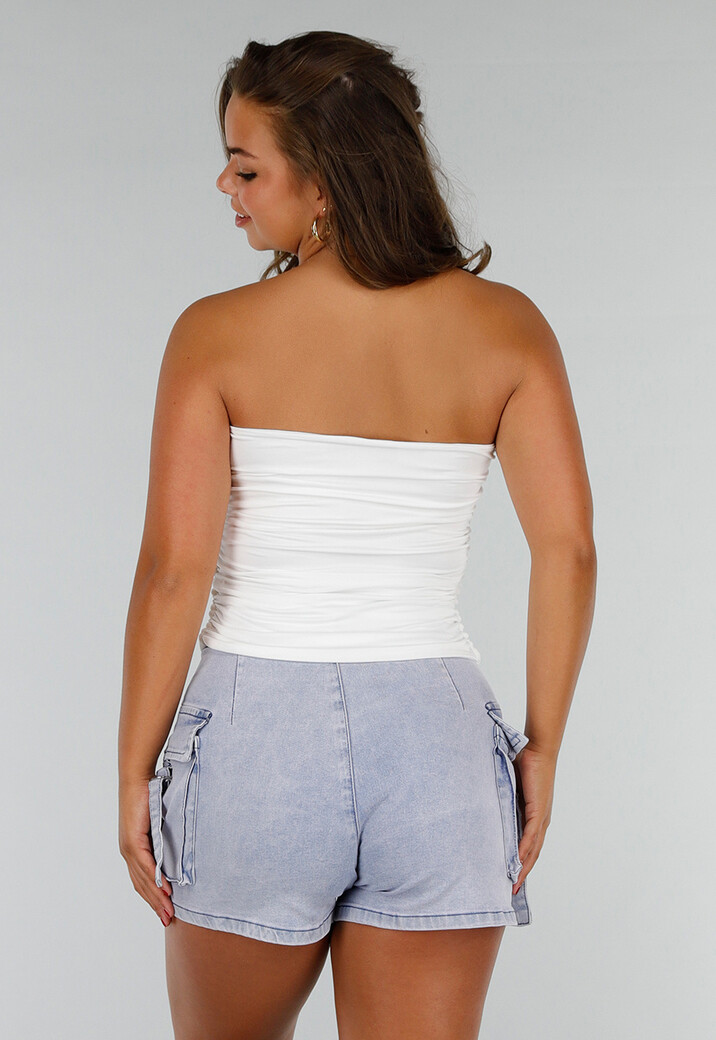Witte Bandeau Top met Stretch en Geplooide Zijkanten