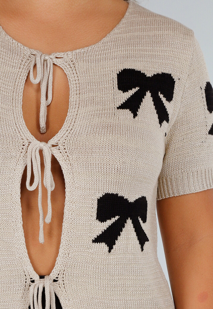 Taupe Gebreide Top met Strikprint, Striksluitingen, Stretch en Boordafwerking