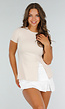 Beige Stretch T-Shirt met Split, Korte Mouwen en Aansluitende Pasvorm